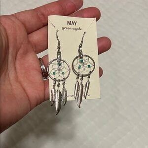 Silver Dreamcatcher Earrings with Green Accents